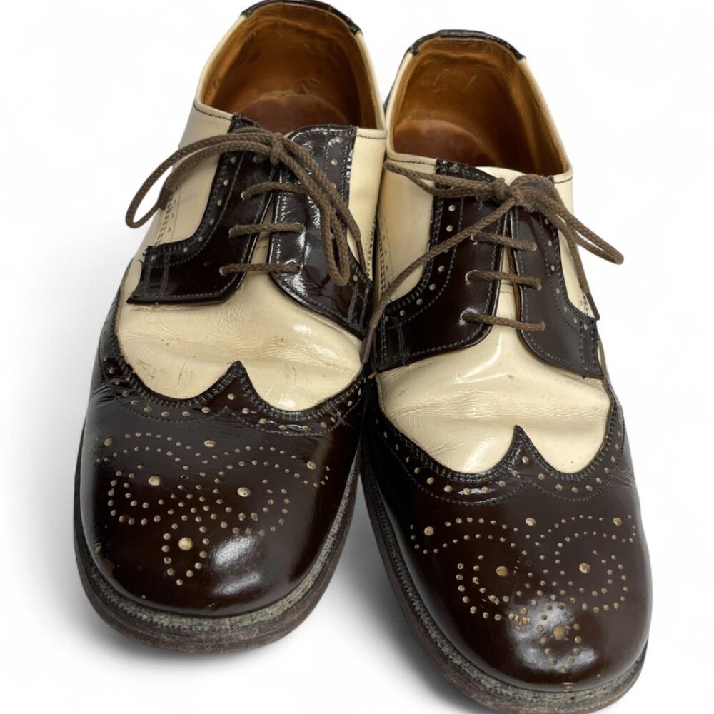 Vintage 1940 Brown Ivory Wingtip Leather Shoes Mens 8.5 Lace Up Oxfords Goodyear